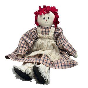 Vintage Raggedy Ann Cloth Doll Red Yarn Hair & Plaid Dress ladybug 24" READ